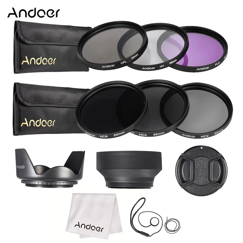 Набор фильтров для объектива Andoer 55 мм UV + CPL FLD ND(ND2 ND4 ND8) с сумкой переноски/крышкой