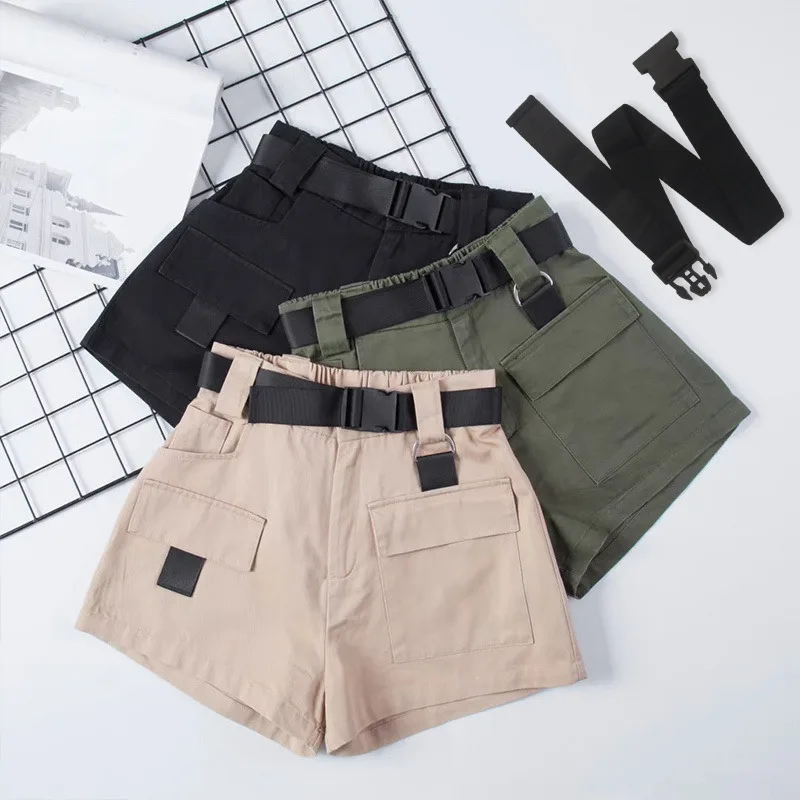 Женские винтажные шорты карго с высокой талией и широкими штанинами однотонные