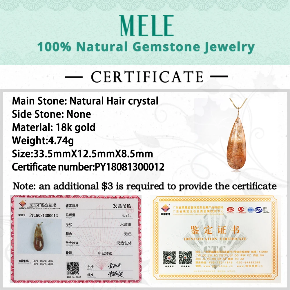

Natural garden crystal real 18k gold pendant for women and man.24ct red color ghost hairstone jewelry in pear shape