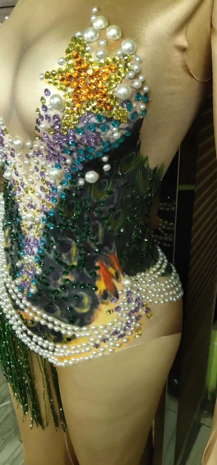 Peacock pattern Rhinestones Bodysuit White Pearl Green Tassels Sleeveless Catsuits Nightclub DJ Women Singer Show Stage Costumes