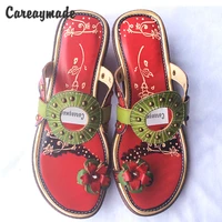 careaymadereal leather flip flops comfortable folk style hand painted candy colors flowersthe retro art mori girl shoes slippers