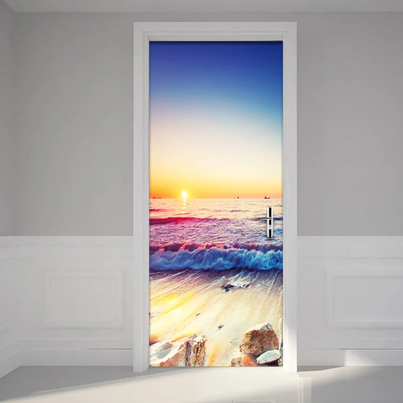 

Seaside Landscape Door Sticker PVC Self-Adhesive Living Room Bathroom Waterproof Wall Door Sticker Home Decor Paste 3D Wallpaper