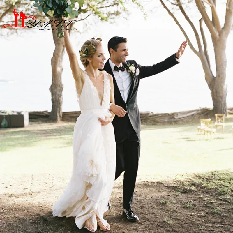 Сельский Свадебные Платья Сказочный Глубокий V образным Вырезом Спинки Тюль в