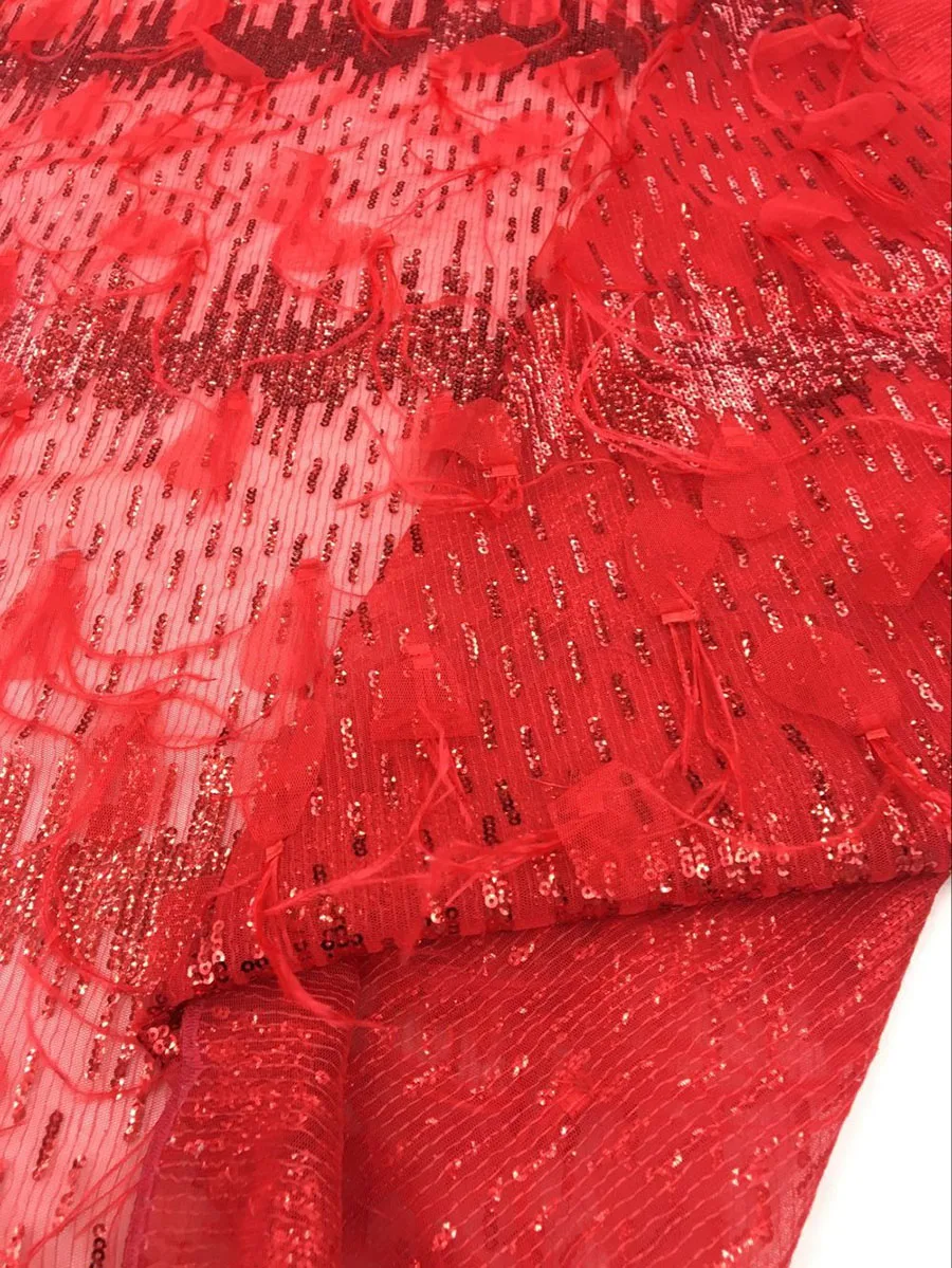 Новейшая ткань с красным пером и красными блестками ручная работа кружевная для