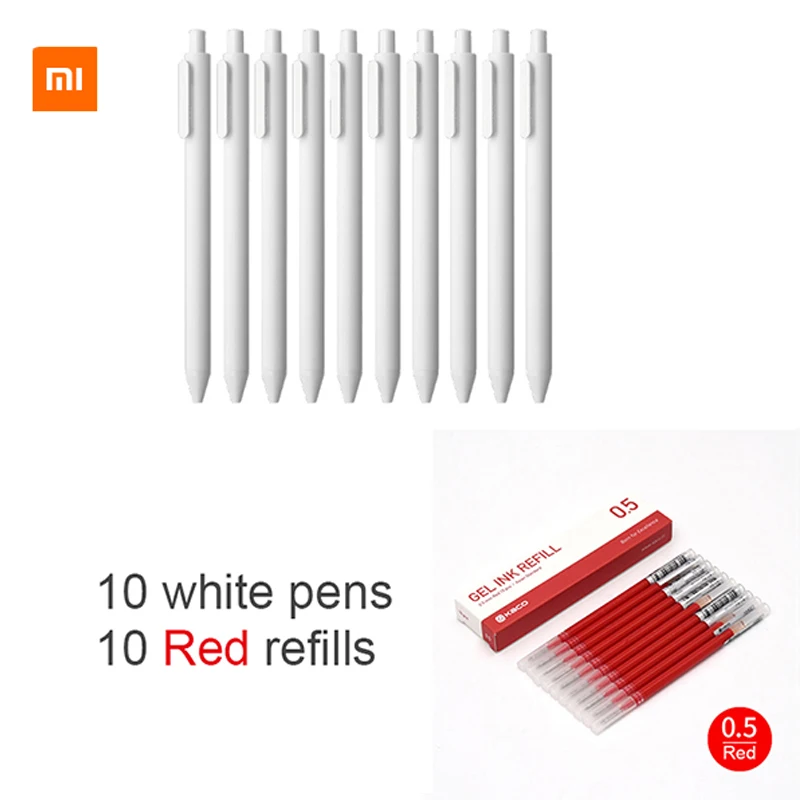 White with Red ink 10 шт.,, Xiao mi jia Kaco, ручка, 0,5 мм, сердечник, прочная ручка для подписи, заправлять черными чернилами, для дома, школы, офиса - Цвет: White with Red ink