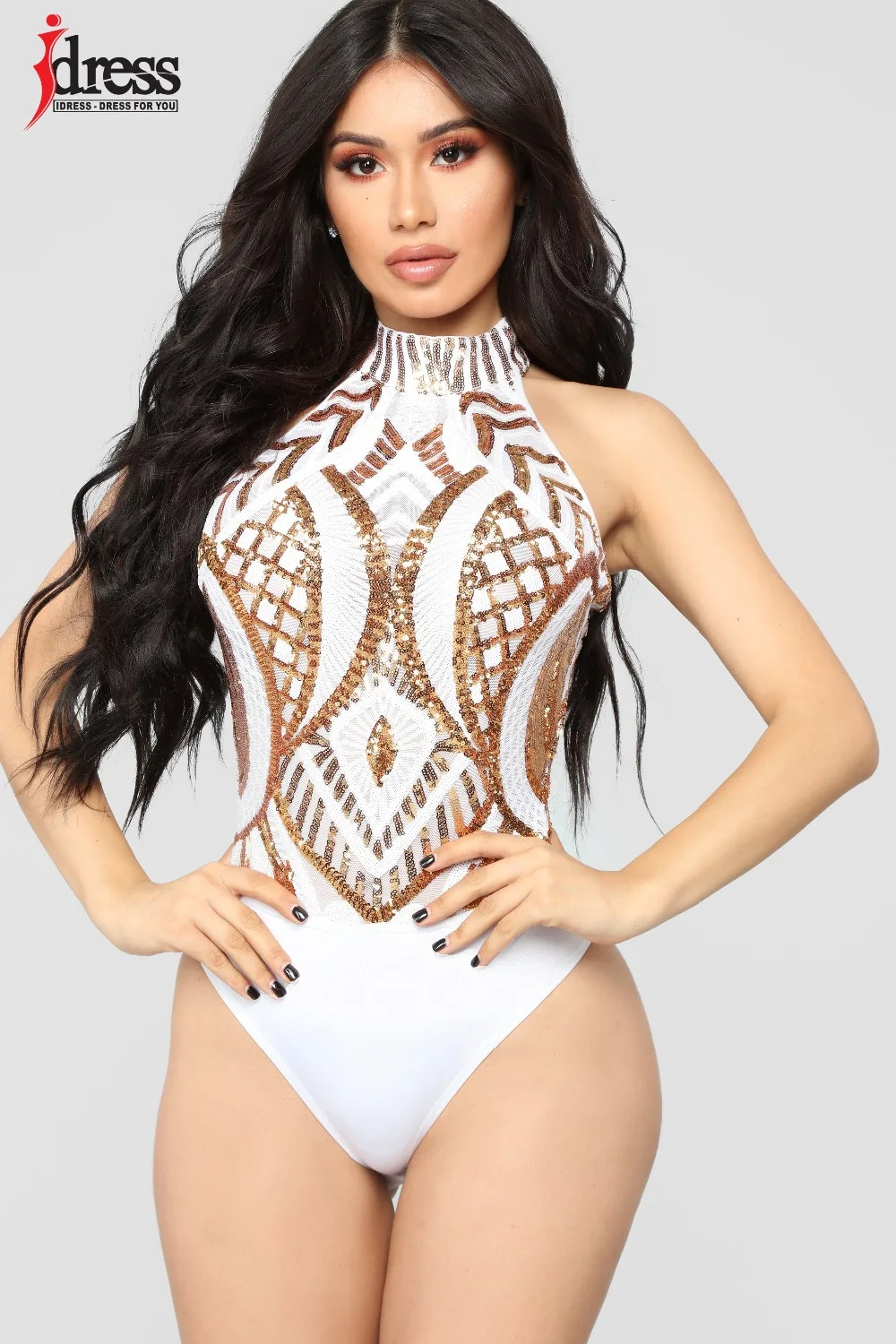 Женская одежда IDress, новинка, Вечерние боди для клубов, боди, топ для похудения, с лямкой на шее, без рукавов, боди, сексуальное, с золотыми блестками, боди