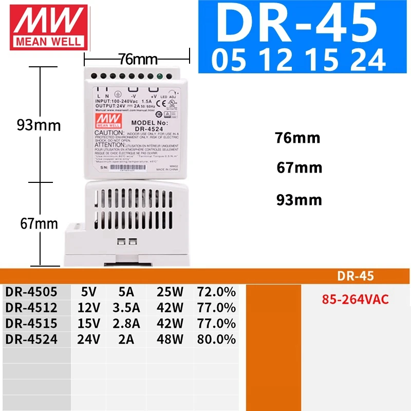 MEAN WELL DR-15 30 45 60 100 5 V 12 15 24 Meanwell DR-15-30-45-60-100 W Одиночный выход Промышленные din-рейки |