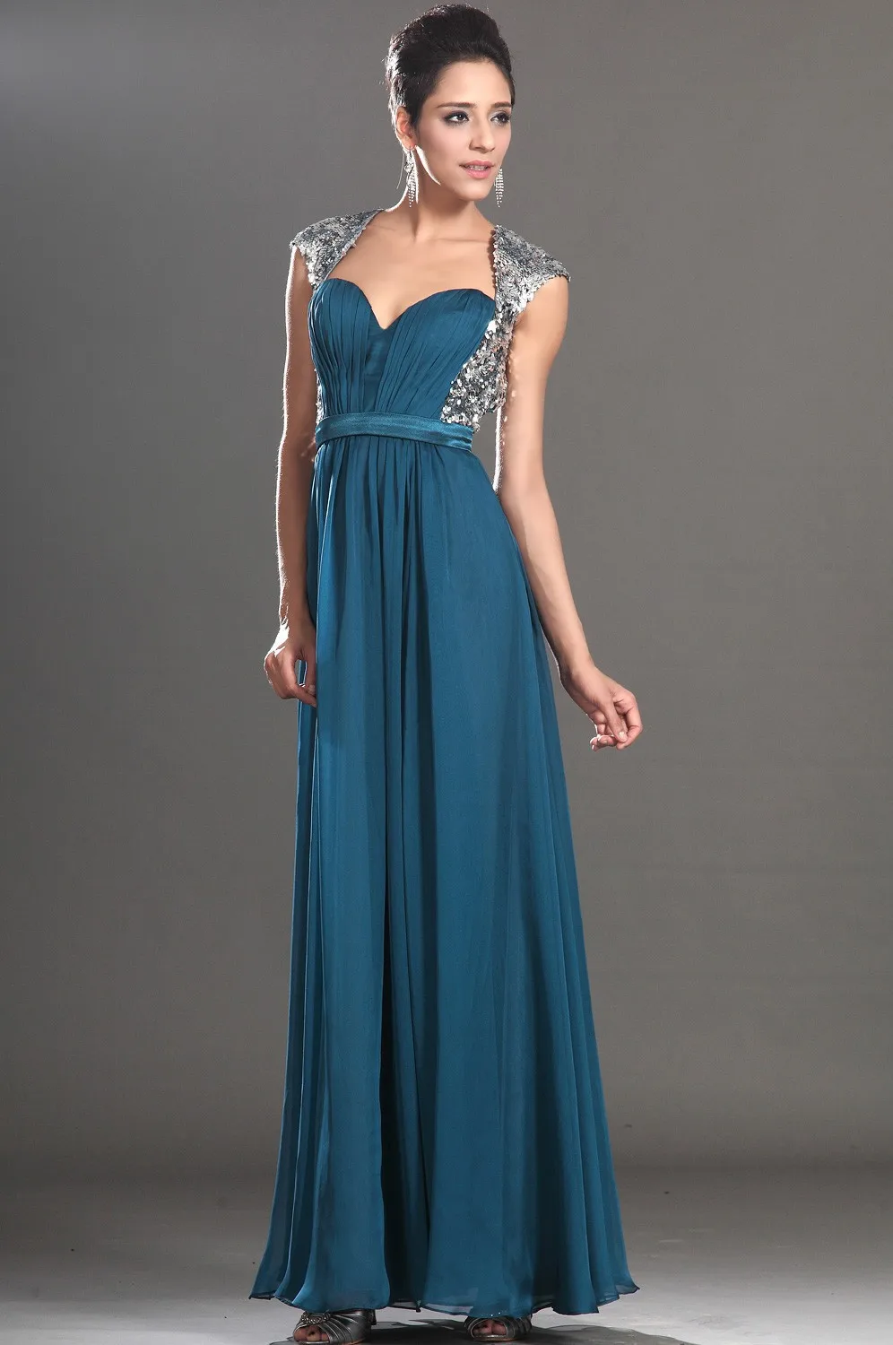 Custom Made Open Back Flowing Chiffon Long Silver Sequin Sexy Prom Dresses 2014 Evening Dress Party | Свадьбы и торжества