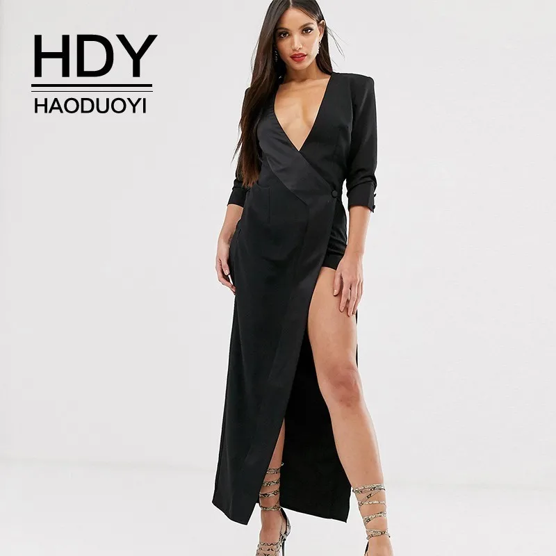 Женское платье HDY Haoduoyi однотонное офисное с длинным рукавом и глубоким