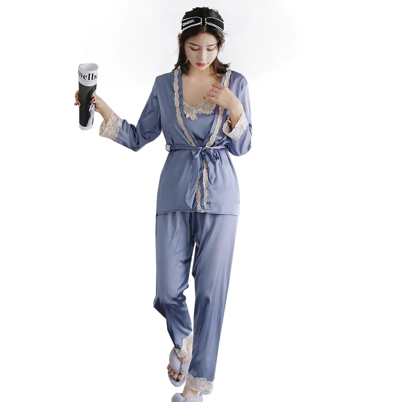 Осенняя кружевная атласная пижама комплект из 3 предметов зимняя женская одежда