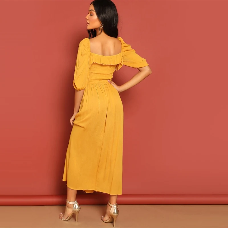 SHEIN Яркое Платье В Стиле Бохо С Длинным Рукавом, Летнее Длинное Платье С Разрезами И Глубоким Вырезом