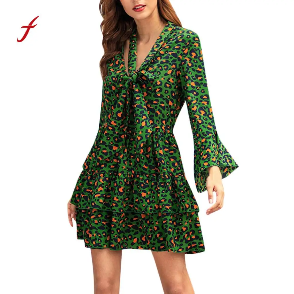 Женское платье с принтом v образный вырез расклешенное длинный рукав вечерние