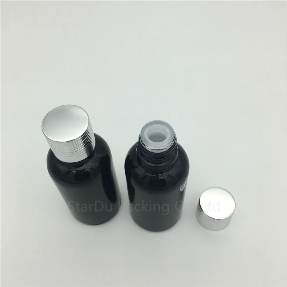 

Free Shipping 500 x 30ML Black Glass Bottle Serum container 1oz Vials Essential Oil Bottle with silvery screw cap Perfume bottle