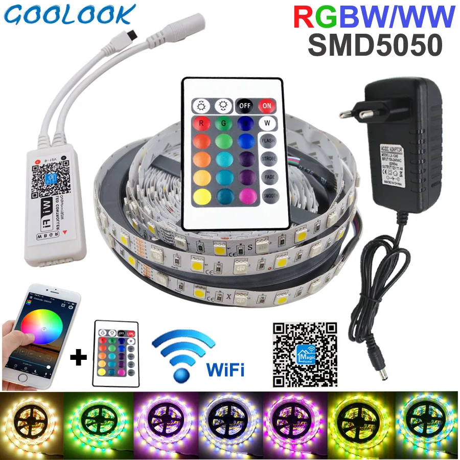 5050 RGBW WIFI контроллер led полосы светильник 5 м 60 светодиодный/M Водонепроницаемый RGBW/RGBWW полоса Гибкая лента Диодная лента DC 12V адаптер в комплекте