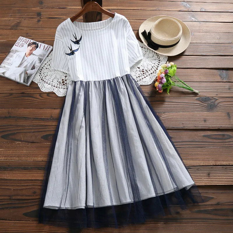 Летнее женское Повседневное платье с круглым вырезом и вышивкой Vestidos Хлопковое