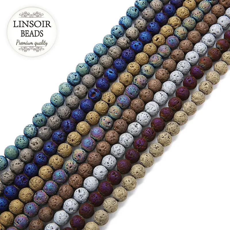 

LINSOIR Natural Stone Vacuum Plating Beads 4/6/8/10/12mm Round Volcanic Rock Loose Lava Bead For DIY Jewelry Making 40cm/Strand