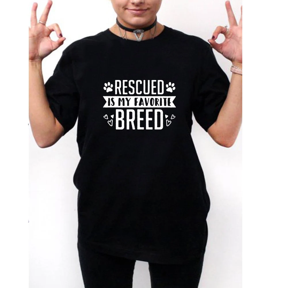 

Rescued Is My Favorite Breed Printed T Shirt Women Top Cute Cat Tshirt Women Short Sleeve Cotton Loose Tee Shirt Femme Top