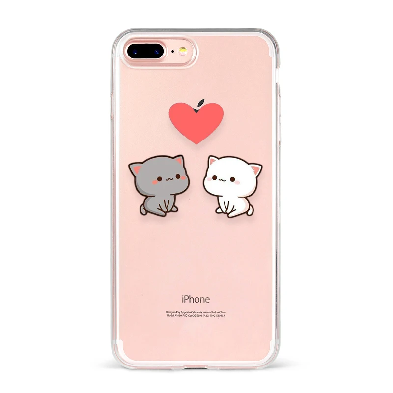 Peach Mochi Cat Cartoon Ctue lovely Love Couple Phone Case For iPhone 7 6 6S 8 PLUS X XS XR Max Transparente Soft Case For Girl