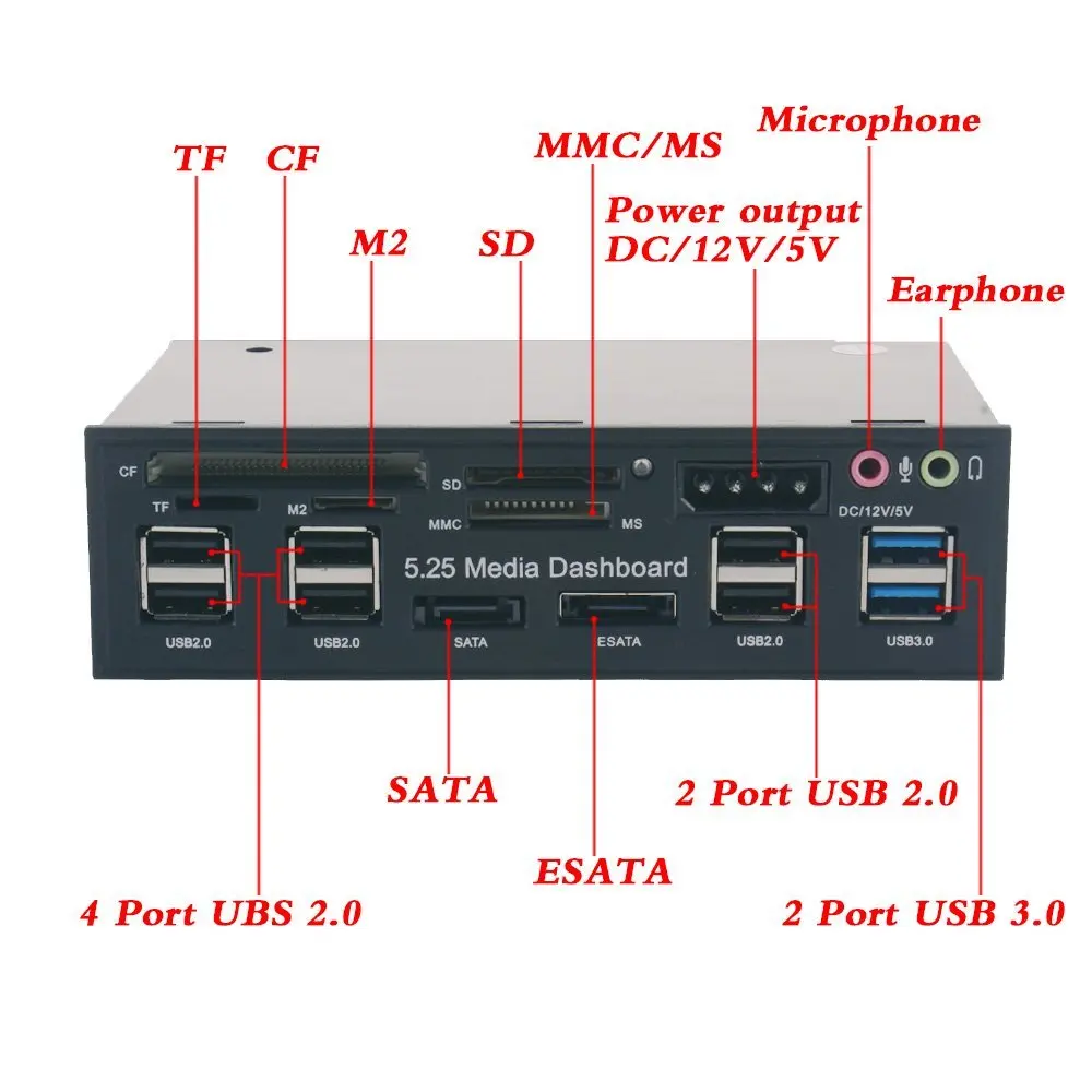 Медиа приборная панель для ПК 5 25 дюйма передняя аудио с SATA eSATA 2 x USB 3 0 и 6