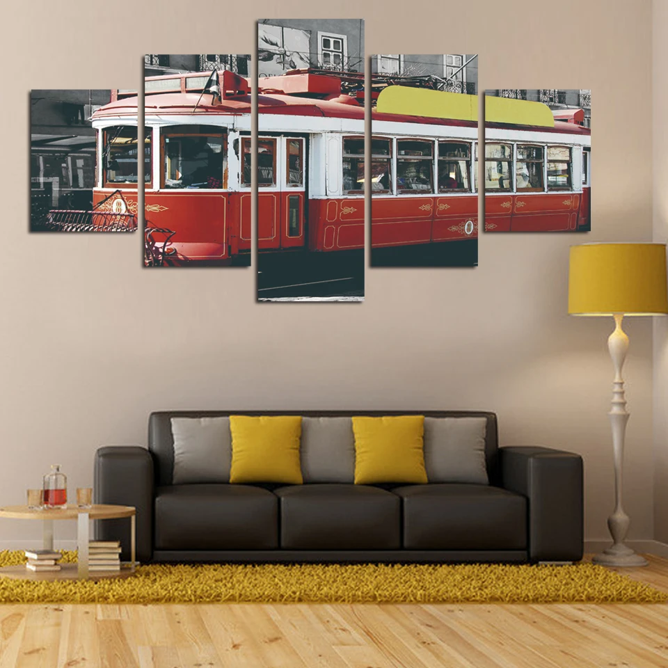 Modular Canvas Vintage Pictures HD Printed Wall Art Frame 5 Panel Red Train Painting Living Room Home Decor High Quality Poster | Дом и сад