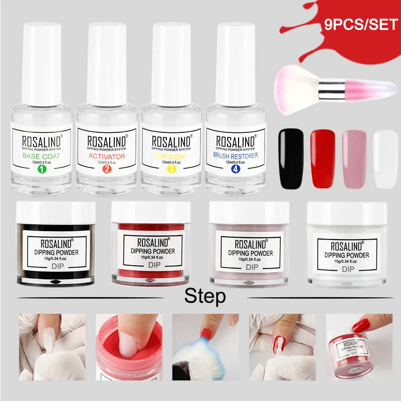 RP-9PCS-01 ROSALIND погружающая блестящая пудра натуральный сухой хром пигмент дизайн ногтей пыль голографическая Пудра Набор для гель-лака маникюр - Цвет: RP-9PCS-01