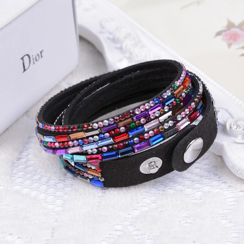 Кожаные браслеты с защелками женские Украшения 2018 браслет кристаллами из