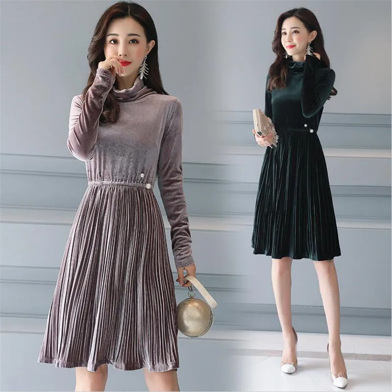 Осень Весна Мода 2019 Новое водолазка женское плиссированное платье с длинными