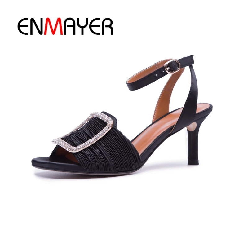 

ENMAYER Women's Satin cloth ankle strap big Rhinestone Metal buckle sandals brand designer open toe summer elegant Ladies CR440