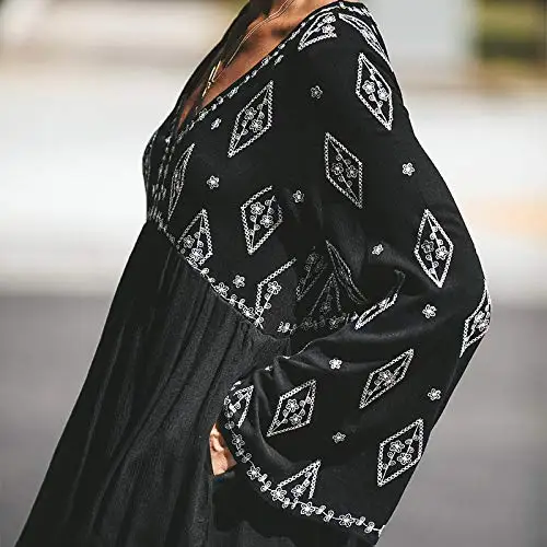 Women V-Neck Loose Long Sleeve Printed Short Dress Backless Button Pocket Pure Color Pleated Mini Black | Женская одежда