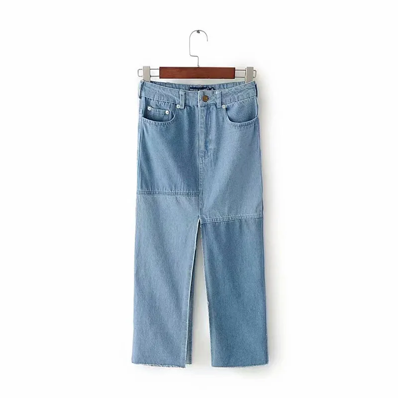 Женские джинсовые юбки с разрезом осень 2018 на пуговицах высокой талией до колена