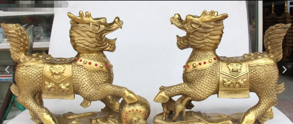 12 &quotКитайский Фэншуй Чистая Бронзовый фигурка с драконом цилинь платье в стиле