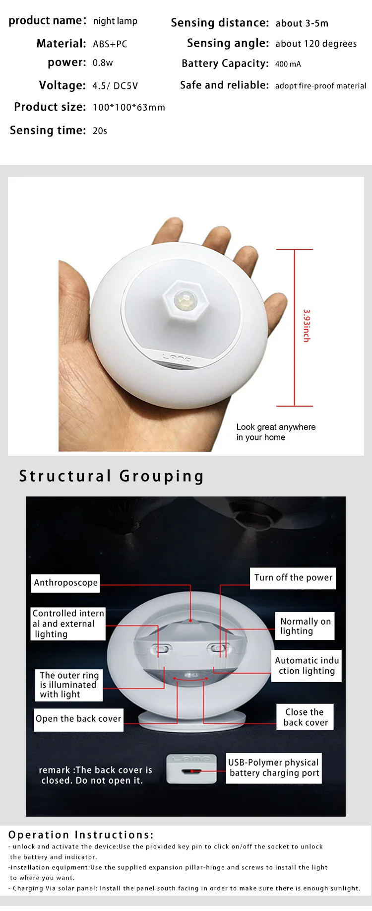 Ночник движения Сенсор светодиодный настенный светильник НЛО Shaped USB Перезаряжаемые шаг лампа с Съемная магнитный держатель и настенный держатель