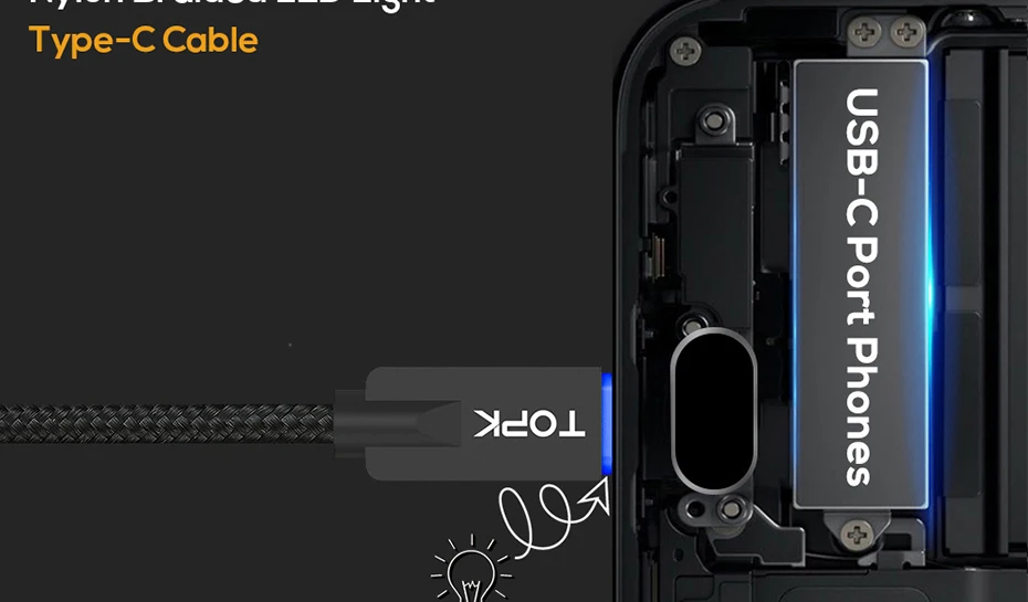 TOPK [5-Pack] светодиодный светильник usb type C кабель из цинкового сплава для синхронизации данных type-C USB кабель для samsung Galaxy S9 Plus Xiaomi Mi6 USB C порт