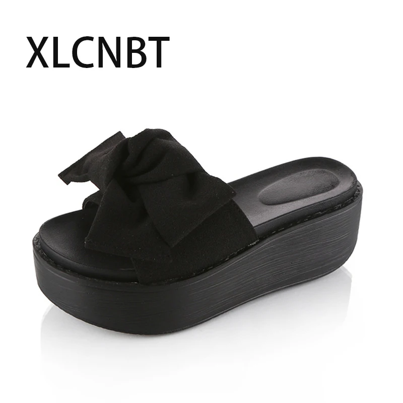 Лидер продаж модные шлепанцы с бантом на платформе высоком каблуке Летние
