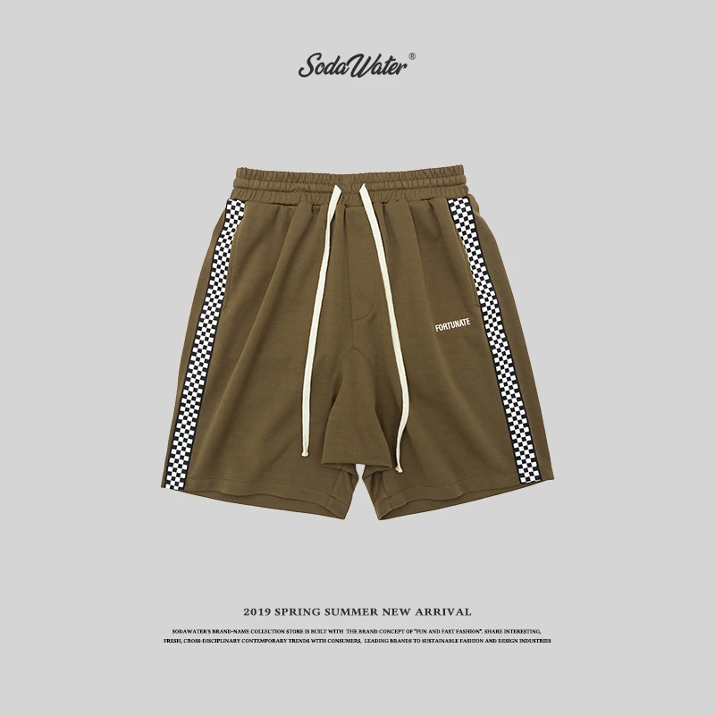 SODAWATER 2019 Hip hop men shorts side plaid elastic waist knee length mens casual loose streetwear short pants 8409S | Мужская одежда