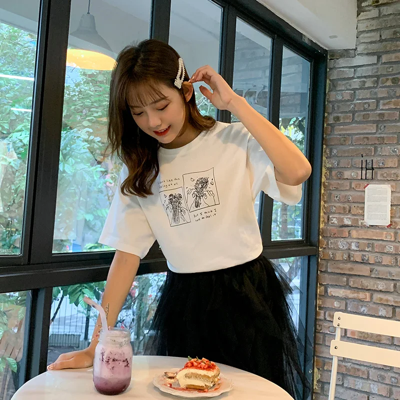 Женская футболка ulzzang Белая Летняя в Корейском стиле с винтажным принтом и