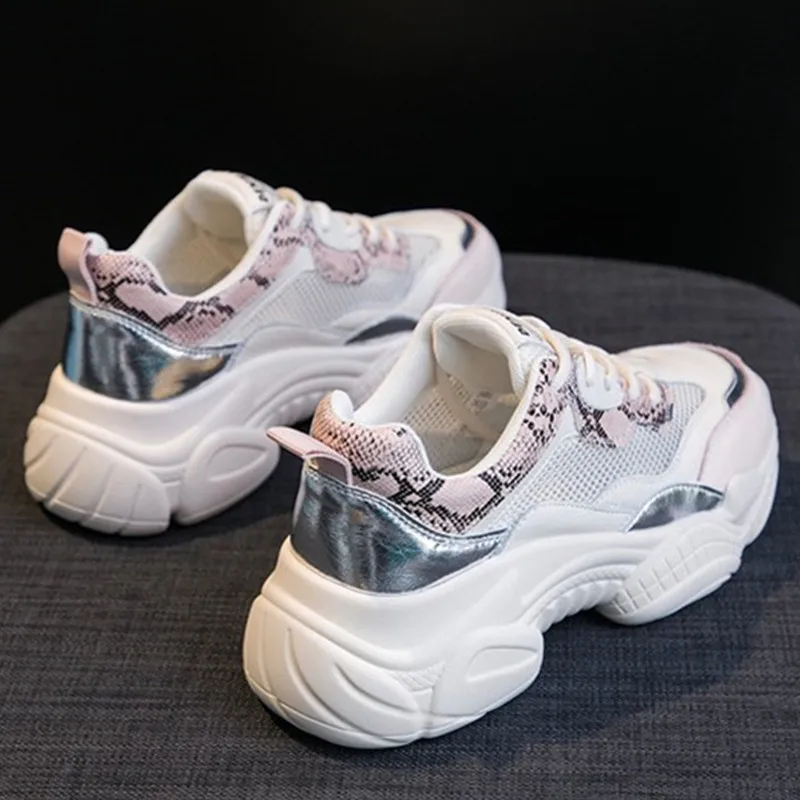Women Sneakers Vulcanized Shoes Summer Lace-up Mesh Leather Laser Casual Pink Platform 201918w | Обувь