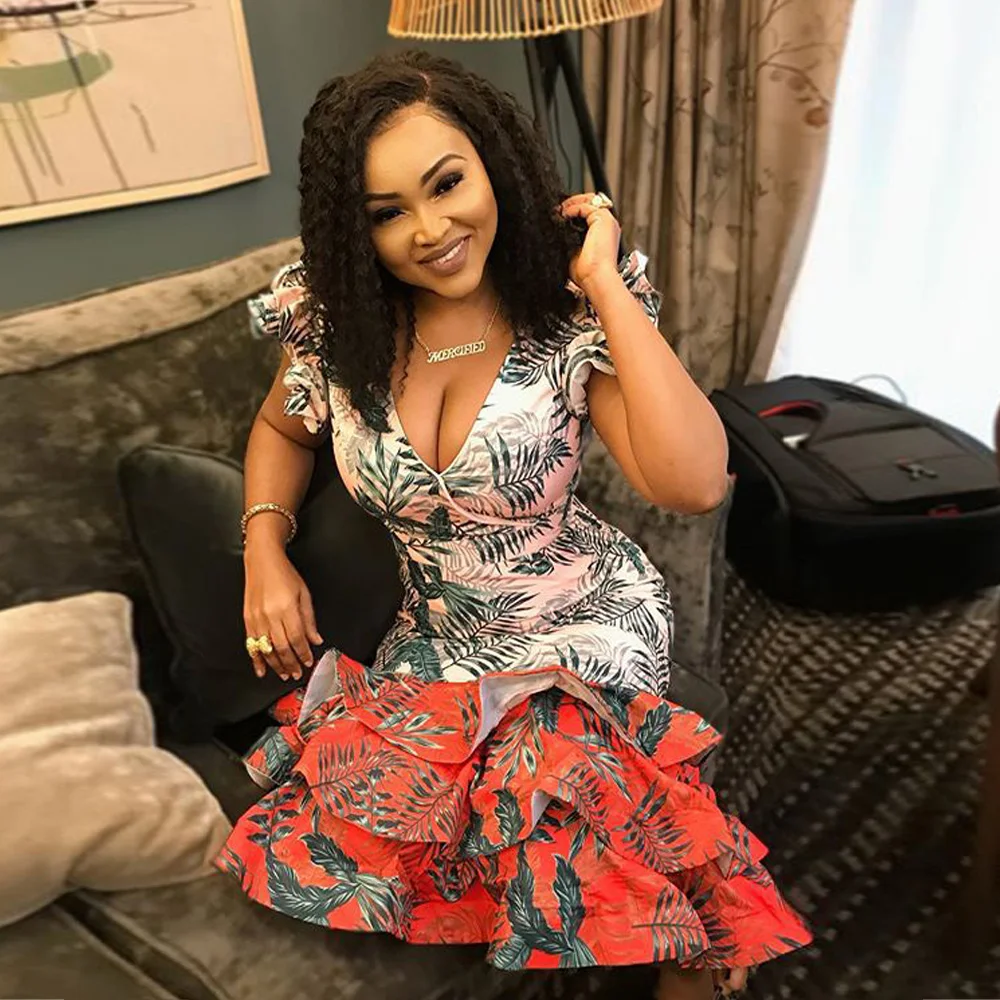 

Women Flora Dresses Printed Cascading Ruffle Hem Trumpet Mermaid Bodycon Dress Plunge V-neck Shor Sleeve Mid-Calf Party Dress