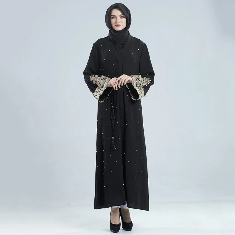 Женское длинное платье кимоно элегантное с вышивкой и бисером абайя кружевной