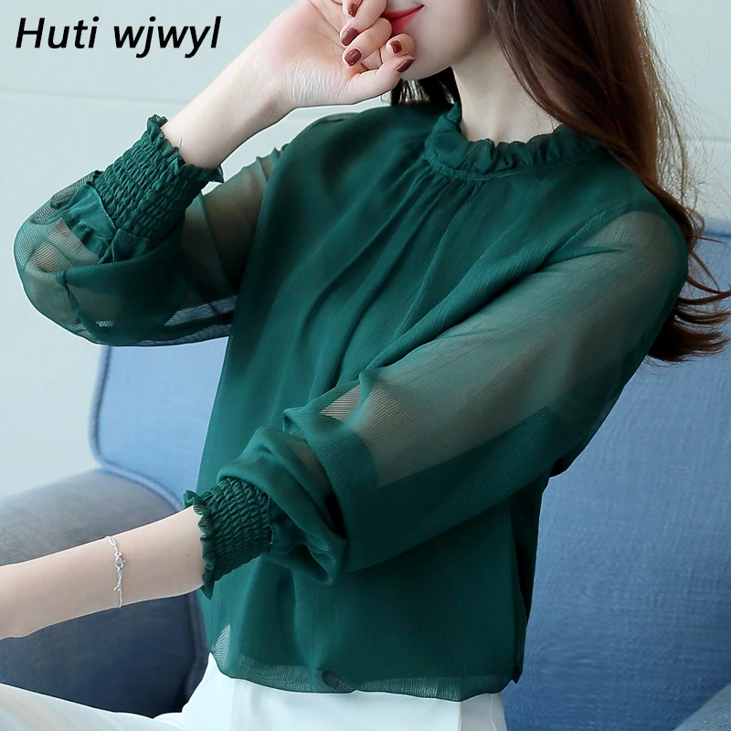 2019 Лето Осень Женщины Черные Шифон Блузки Корейские Рубашки Сексуальные Кимоно