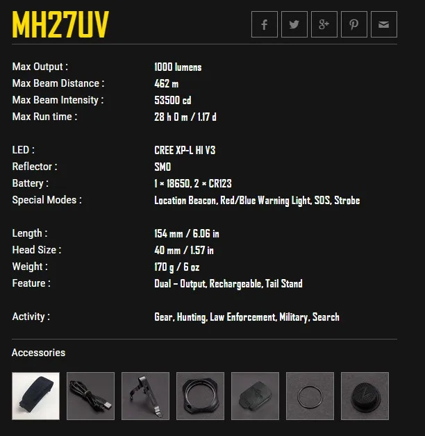 Nitecore MH27UV тактический фонарик перспективные CREE XP L HI V3 красные синие УФ