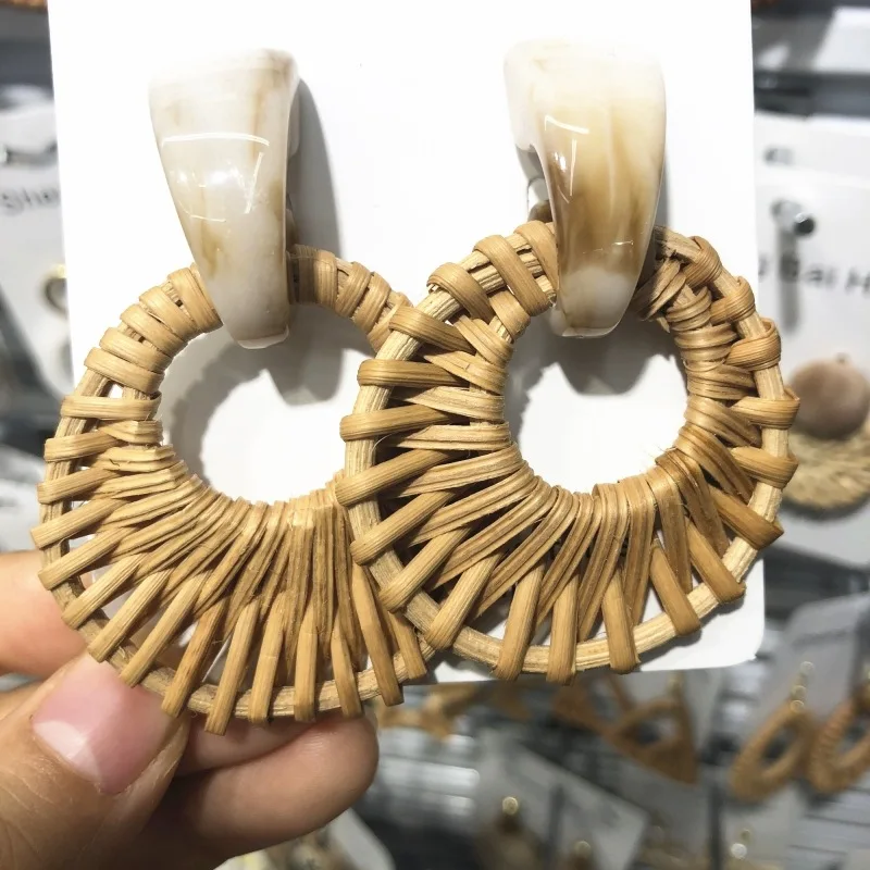 Женские серьги-подвески ручной работы из ротанга в богемном стиле круглые