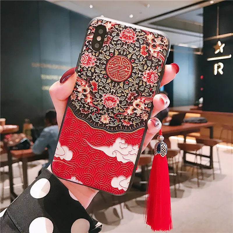 20 Китайский стиль тисненый чехол для телефона с кисточкой для iPhone 11 Pro Max XS MAX XR мягкая задняя крышка для iPhone X 8 7 6S 6 Plus Coque - Цвет: 20
