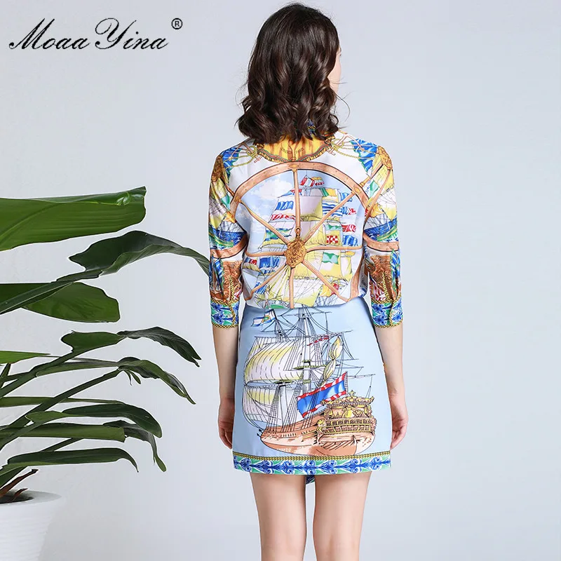 MoaaYina модельер Set сезон: весна–лето Для женщин парусник рубашка с принтом топы +