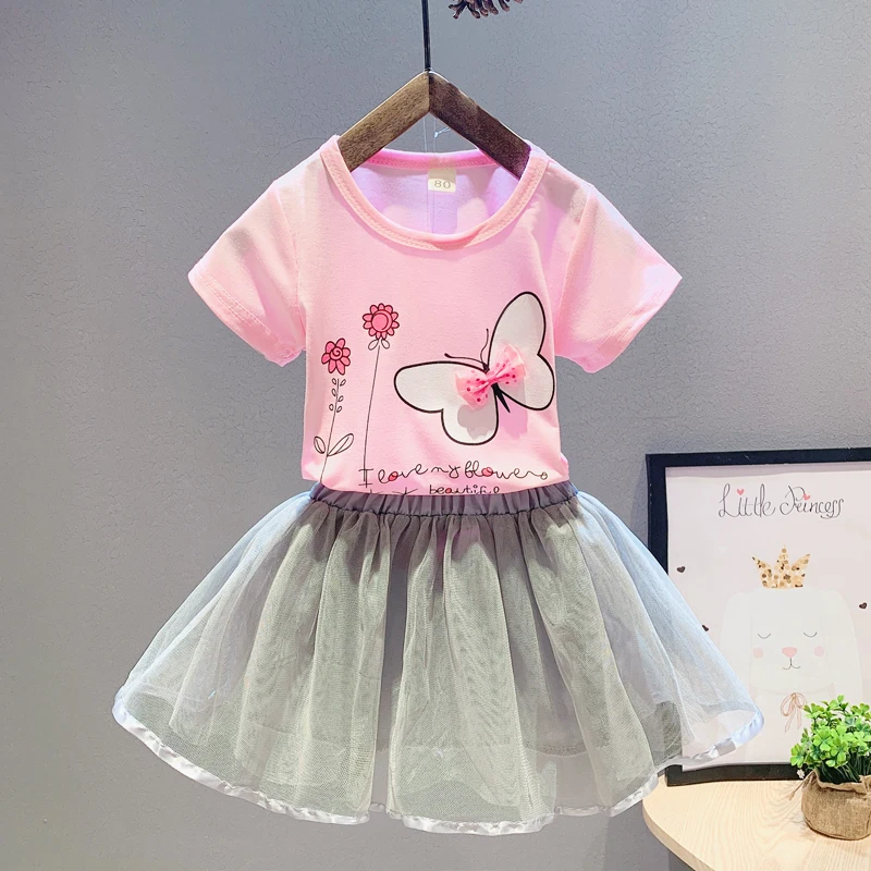 BibiCola children girls sets summer cartoon t-shirt +tutu skirts casual cute lace cotton kids girl clothing suits fashion dress | Детская