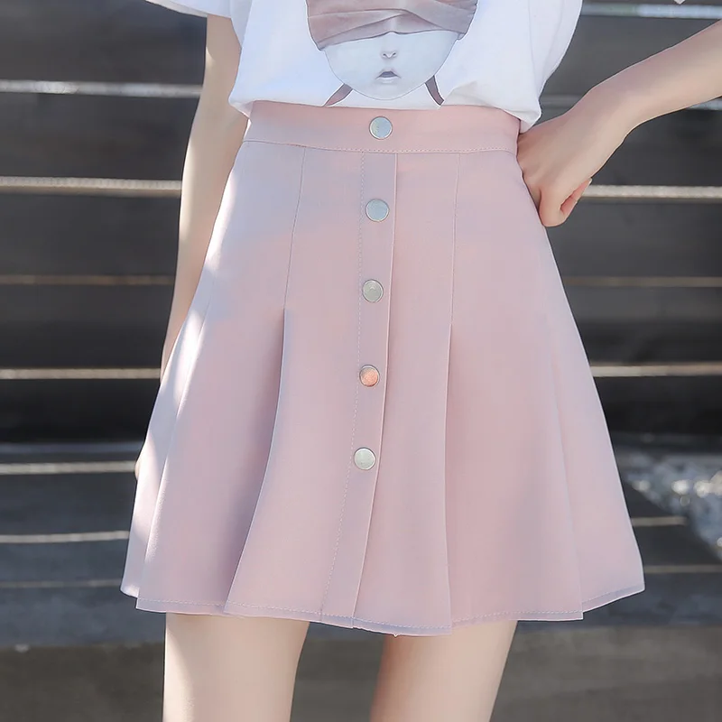 Розовый Плиссированная летняя юбка в консервативном стиле Kawaii трапециевидная розовая юбка с высокой талией и пуговицами Женская шикарная корейская мода черные мини юбки для женщин s - Цвет: Розовый