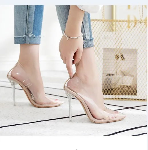 Perspex heel BIGTREE/женские ПВХ Ясный Прозрачный туфли-лодочки; босоножки на тонком каблуке-шпильке с кристаллами; вечерние Клубные туфли-лодочки; большие размеры - Цвет: Perspex heel