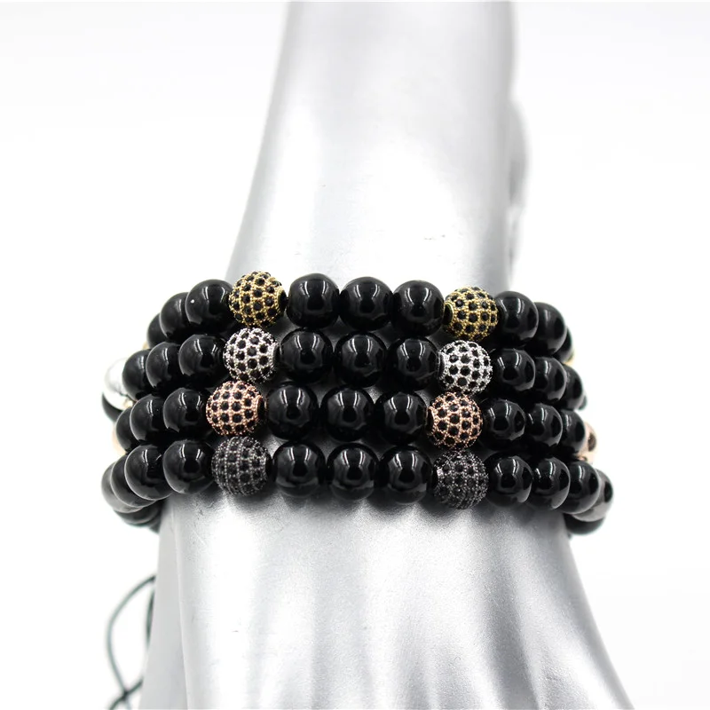 

PINIYA Men'S Natural Black Matte Stone Bead Pave CZ Copper Ball Charms BraidNG Macrame Bracelet Bangle Jewelry Pulseras homme