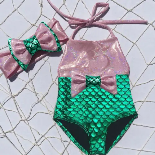 Cute Princess Kids Baby Girl Mermaid Swimwear Halter Bowknot Bikini Swimsuit Swimming Swimmable Bathing Suit Beachwear |