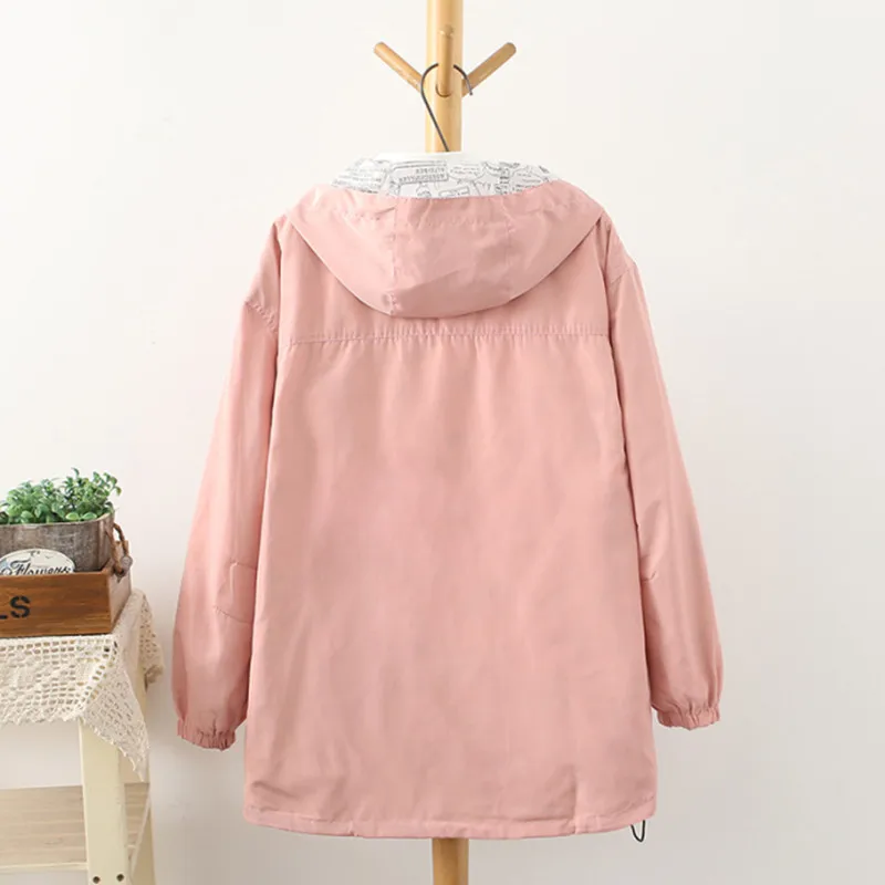 

Spring Women Jacket Two Sides Wear Bomber Main Zippered Pocket With A Hood Jackets Printing Cartoon Loose Plus Size A224